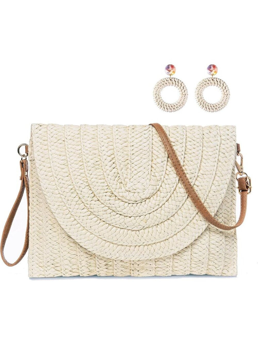 Women's White Summer Purse Buckle Woven Beach Bag with Pair of Rattan Earring